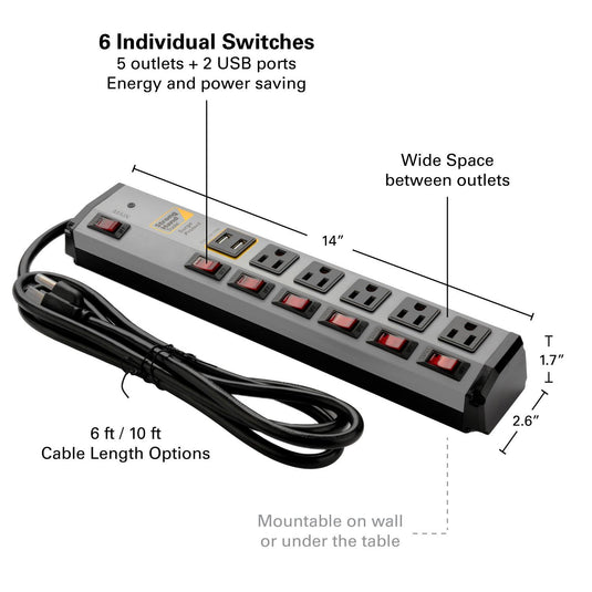 Surge Protector Power Strips w/ USB Port, Metal Case, 10' Cable